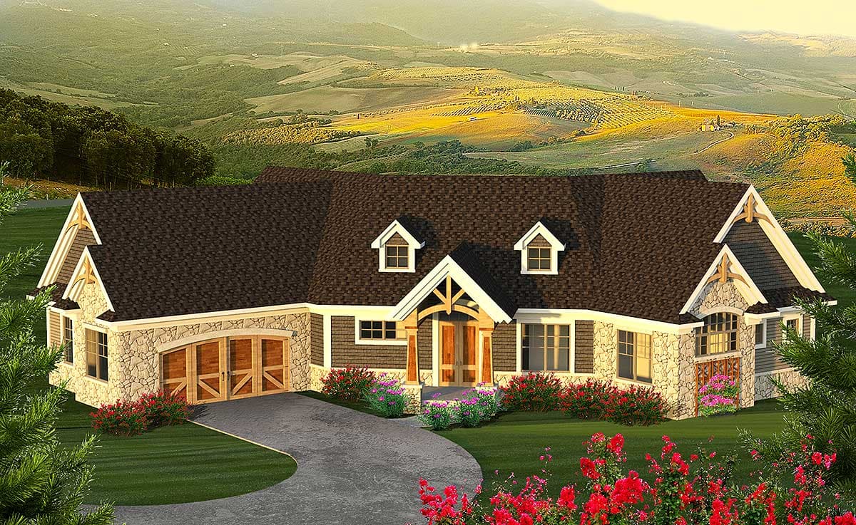 House plan exterior with stone accents, dormers, and a gabled entry porch.