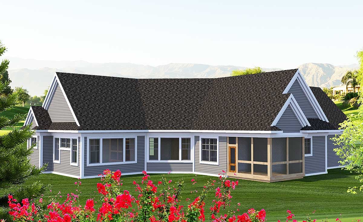 House plan exterior view of a one-story home with multiple gables, a screened porch, and numerous windows.