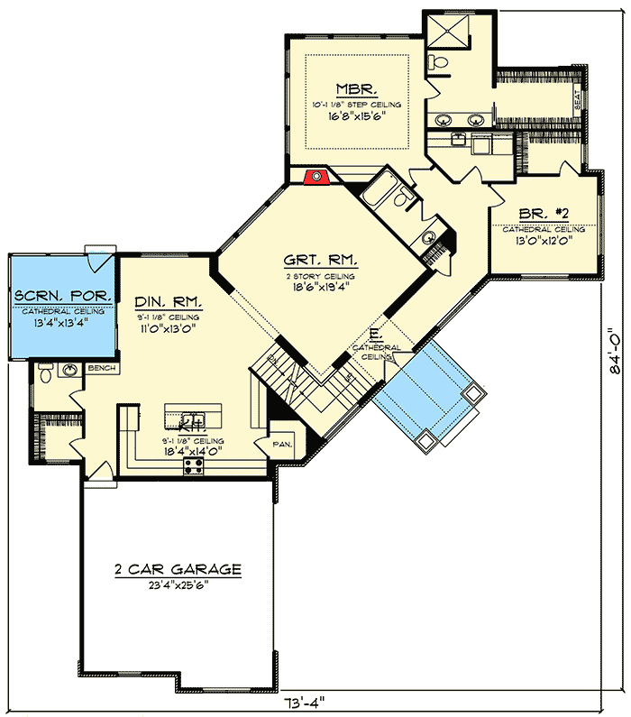 Plan 89969AH: Angled Mountain Ranch with Loft - Floor Plan - Main Level - Craftsman, Mountain, Ranch, Rustic