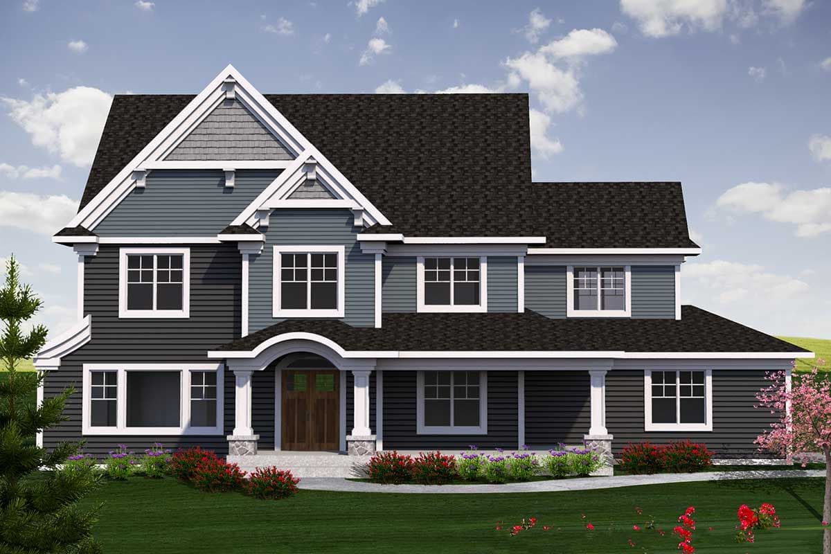 House plan exterior featuring two stories, a front porch with columns, gables, and a multi-section roofline.