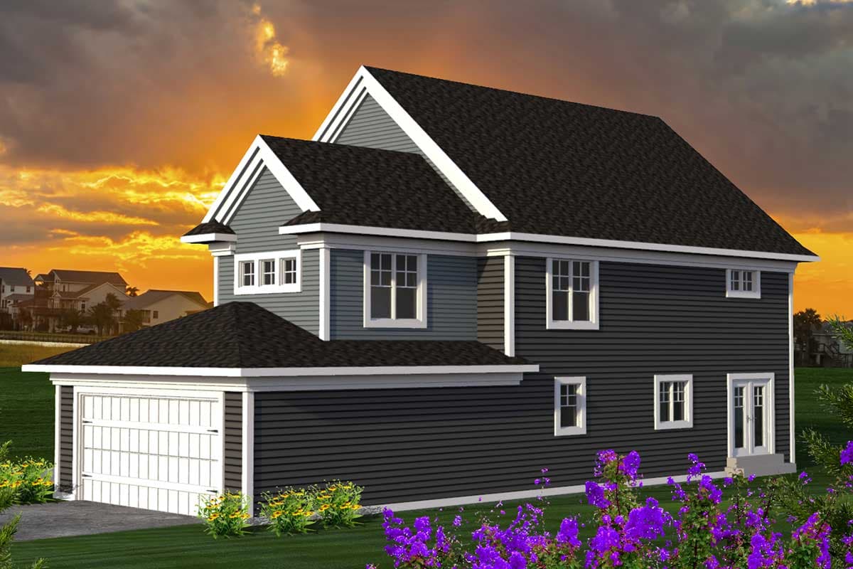 House plan exterior: Two-story home with attached garage, prominent gables, and multiple windows.