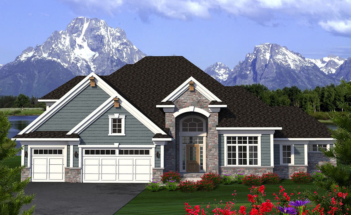 House plan exterior: Contemporary style with a three-car garage, stone accents, gabled dormers, and a prominent arched entry.