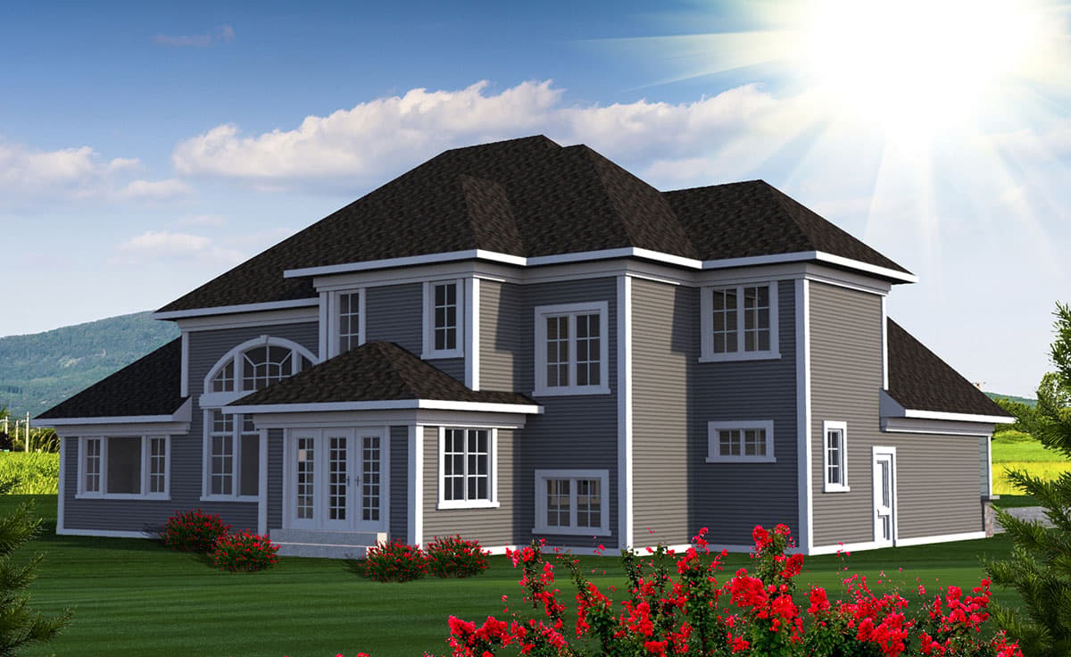 House plan exterior: Two-story home with multiple gables, prominent arched window, and double glass doors.