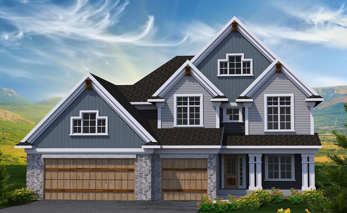 House plan exterior shows a two-story Modern Farmhouse with a stone base, gabled rooflines, and a two-car garage.