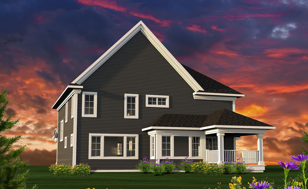 House plan exterior: Two-story dark gray siding with white trim, prominent gable, and covered front porch with white railing.