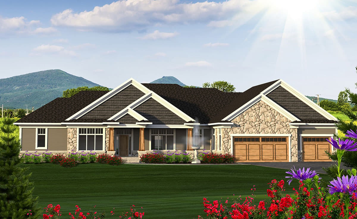 House plan exterior with stone accents, gabled roof, and two-car garage. Features include a covered porch with supporting columns.
