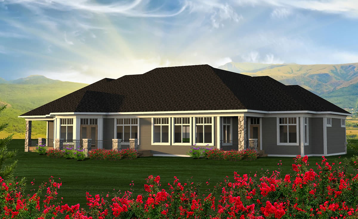 House plan exterior. One-story Modern Farmhouse with covered porches, stone accents, and a dark shingle roof.