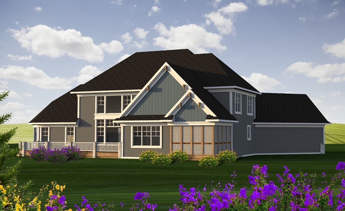 House plan exterior: Two-story home with gabled dormer, covered porch, and screened-in porch.