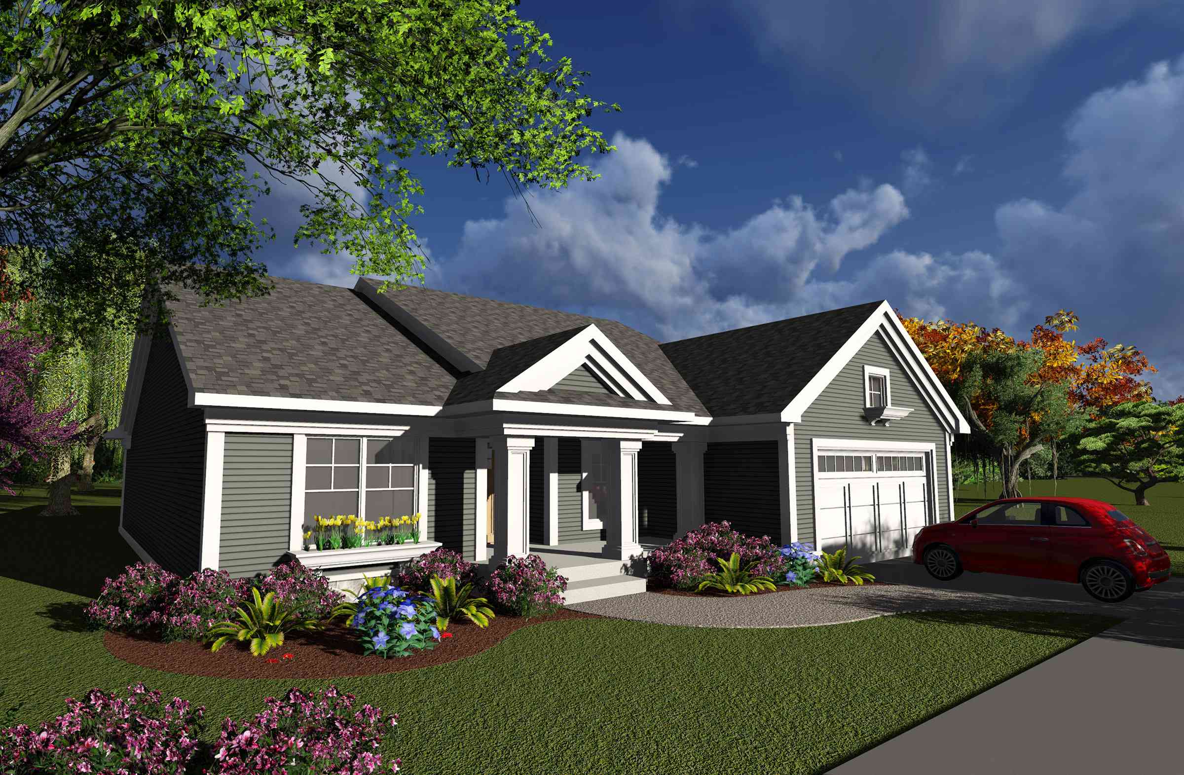 House plan exterior, single story, gable roofline with dormer, covered porch with columns, attached two-car garage.