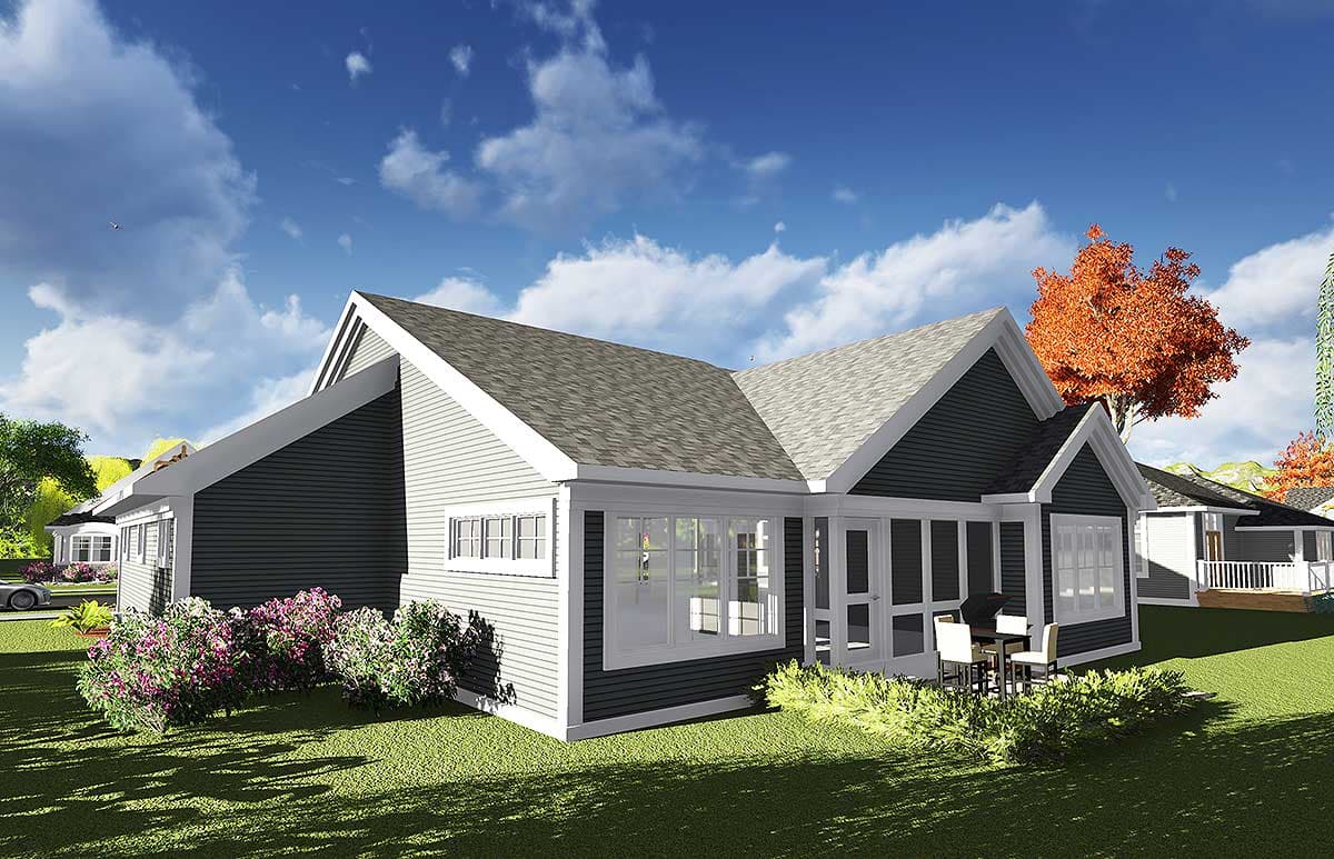House plan exterior rendering of a single-story modern farmhouse with a screened porch, gables, and horizontal siding.