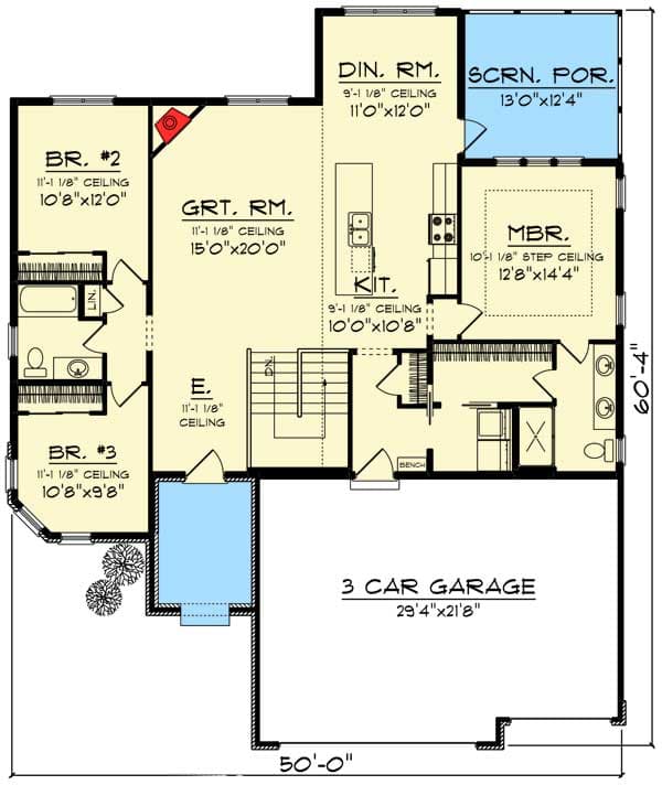 Plan 89984AH: 3-Bedroom Prairie Style Home Plan - Floor Plan - Main Level - European
