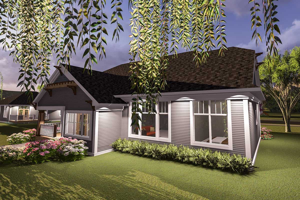 House plan exterior: Modern Farmhouse style, one story, featuring a covered front porch with wooden beams and multiple large windows.