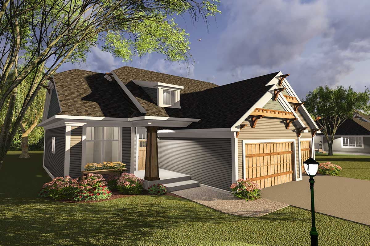 House plan exterior: Modern Farmhouse style, two-story, with gabled dormer, covered porch with wood post, and a three-car garage.
