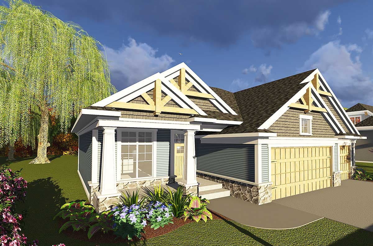 Craftsman style house plan exterior with prominent gables, exposed rafter tails, stone foundation, and covered porch.