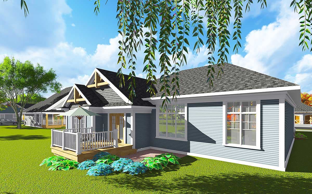 House plan exterior: Single-story home with gabled dormers, a covered porch with white railings, and horizontal siding.