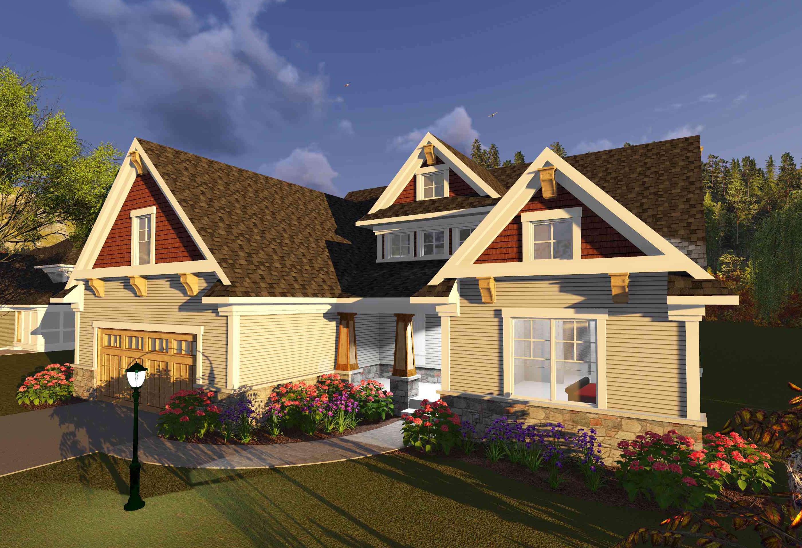 House plan exterior with gable dormers, decorative brackets, stone foundation, and a two-car garage.