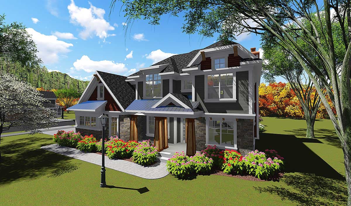 House plan exterior showing a two-story home with stone accents, multiple gables, and a covered front entry with wood columns.