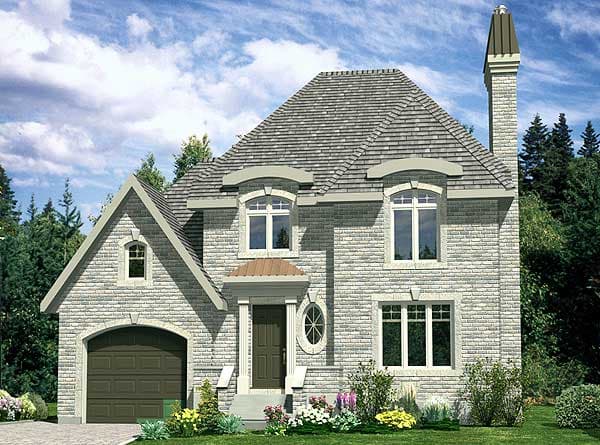 Two-story house plan exterior with stone facade, arched dormers, covered entry, and side-facing garage.