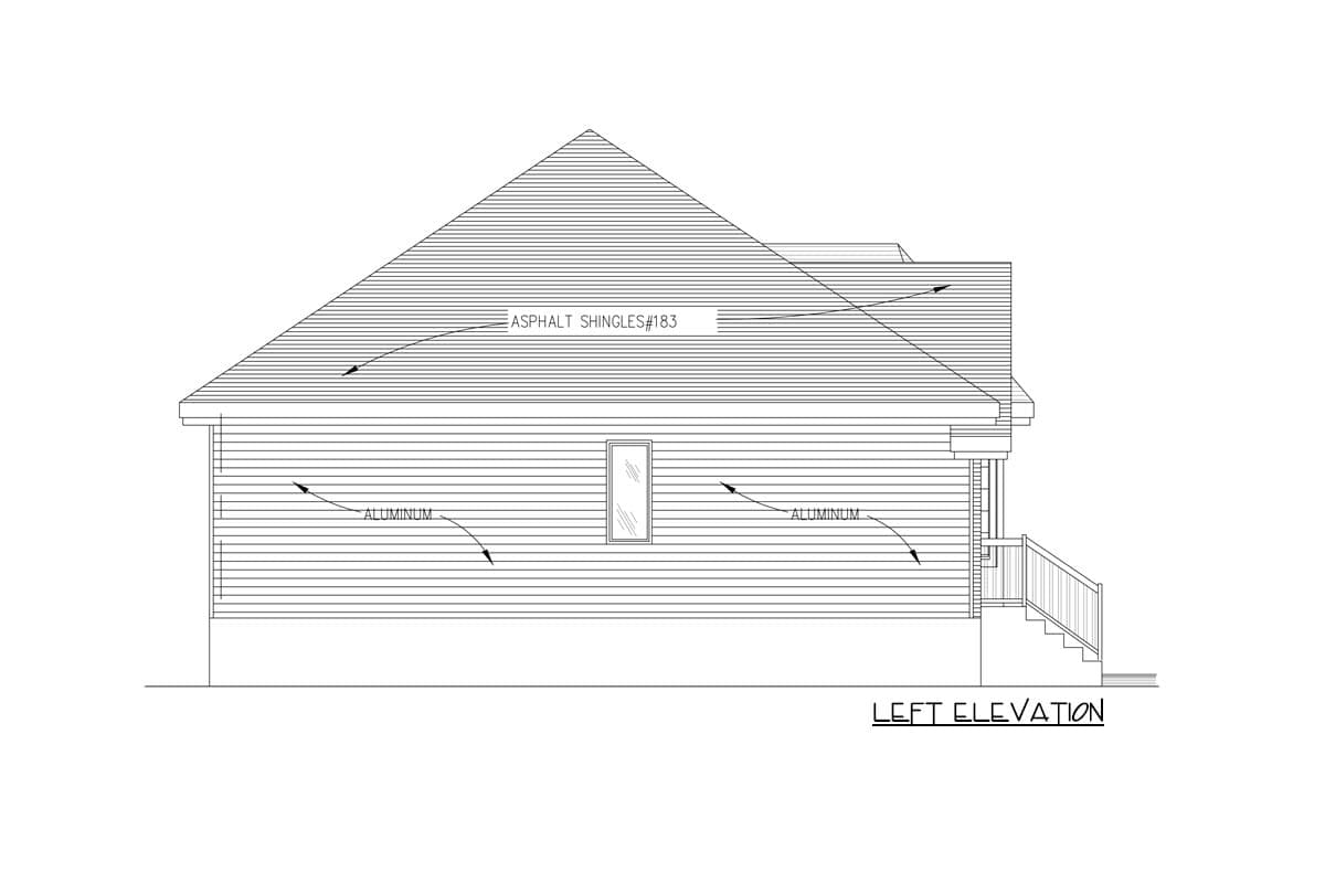 Left elevation drawing of a house plan with asphalt shingle roof, aluminum siding, one window, and a stair entrance.