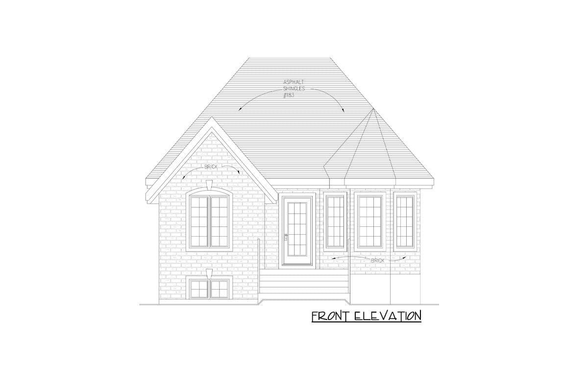Front elevation drawing of a one-story house plan with brick exterior, prominent gables, and asphalt shingle roof.