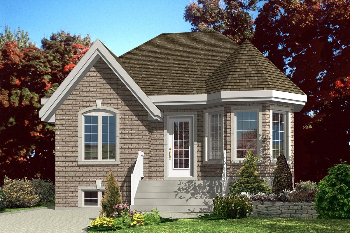 House plan exterior with brick facade, prominent gables, a bay window, and a rounded turret roof.