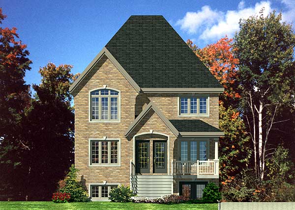 House plan exterior rendering of a two-story home with brick facade, prominent gables, arched windows, and a covered front porch.