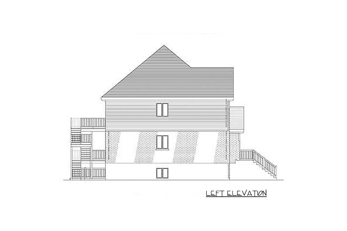 Left elevation house plan showing a two-story structure with a gable roof, horizontal siding, and multiple balconies and staircases.