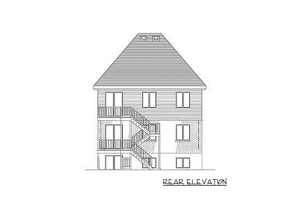 Rear elevation drawing of a three-story house plan with a hipped roof, balconies, and exterior stairs.