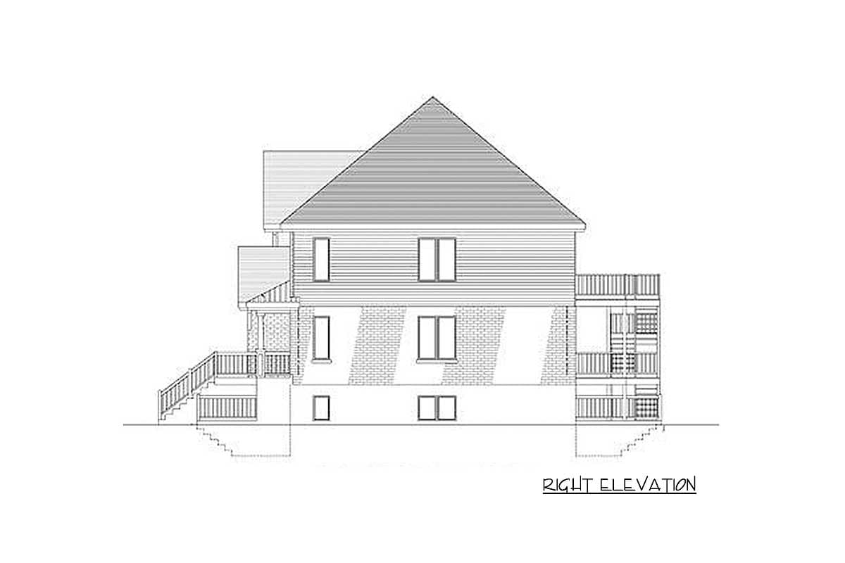 Right elevation of a two-story house plan featuring a prominent gable roof, horizontal siding, brick lower story, and multiple decks.