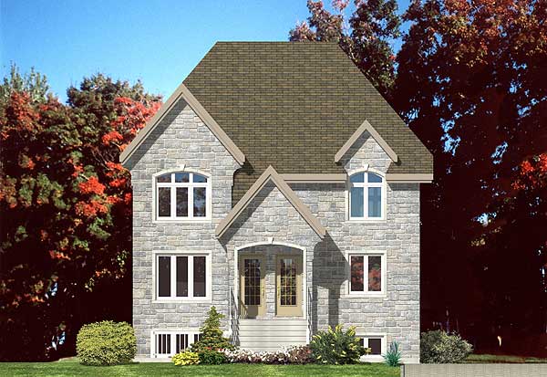 House plan exterior: Two-story stone facade with prominent gables, arched windows, and a covered entry with double doors.