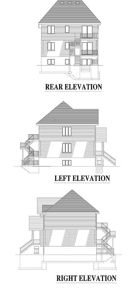 Rear, left, and right elevations of a house plan with multiple stories, balconies, and exterior staircases.