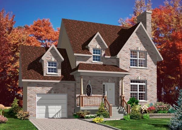 House plan exterior: Two-story brick house with a front-facing garage, covered porch with columns, and multiple gables and dormers.