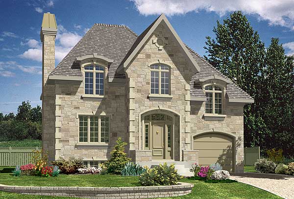 House plan exterior: Stone two-story home with arched entryway, dormers, and attached side garage.