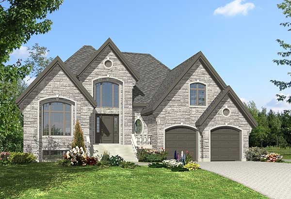House plan exterior: Two-story stone-clad home with symmetrical gables, a prominent front entrance, and a double garage.