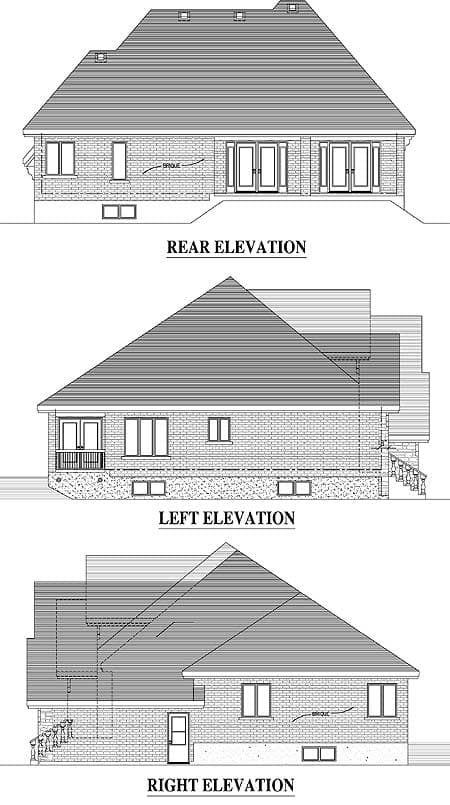 Rear, left, and right elevations of a house plan showing brick exterior, gabled roof, and multiple windows.