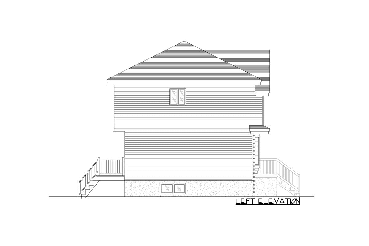 Left elevation drawing of a two-story house plan with a gable roof, horizontal siding, and exterior stairs.