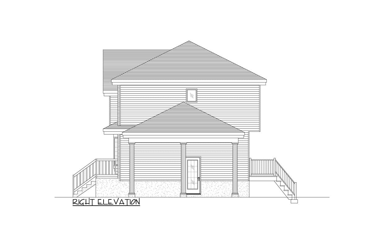 Right elevation drawing of a two-story house with horizontal siding, a covered entry porch with columns, and exterior stairs.
