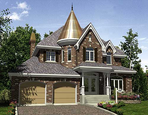 House plan exterior: Two-story brick home with a prominent conical turret, arched garage doors, and a covered entry porch.
