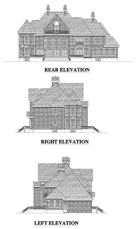 Architectural house plan drawings showing rear, right, and left elevations of a multi-story stone house with gables and chimneys.