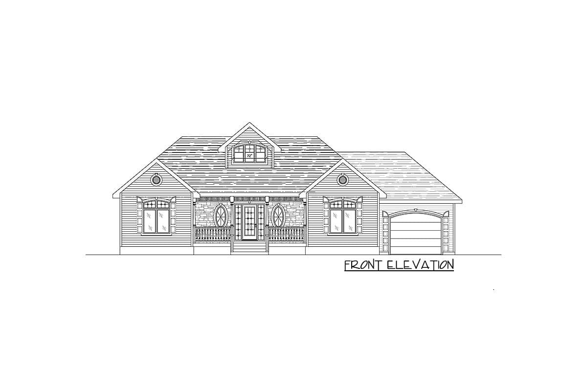 Front elevation drawing of a one-story house plan with a dormer, covered porch, and attached garage.
