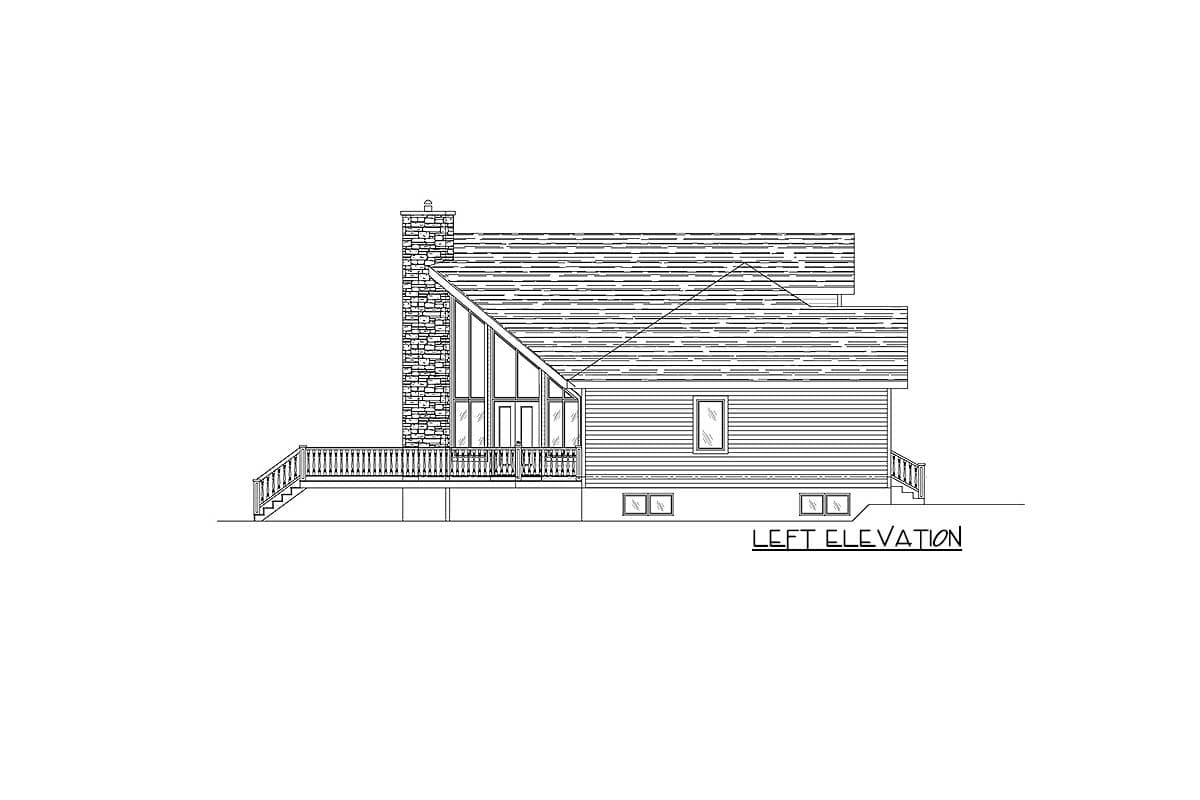 Left elevation drawing of house plan with large windows, stone chimney, and deck.