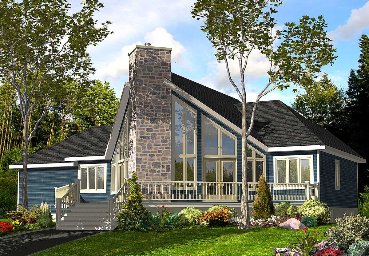 House plan exterior featuring a pitched roof, stone chimney, and large angled windows.