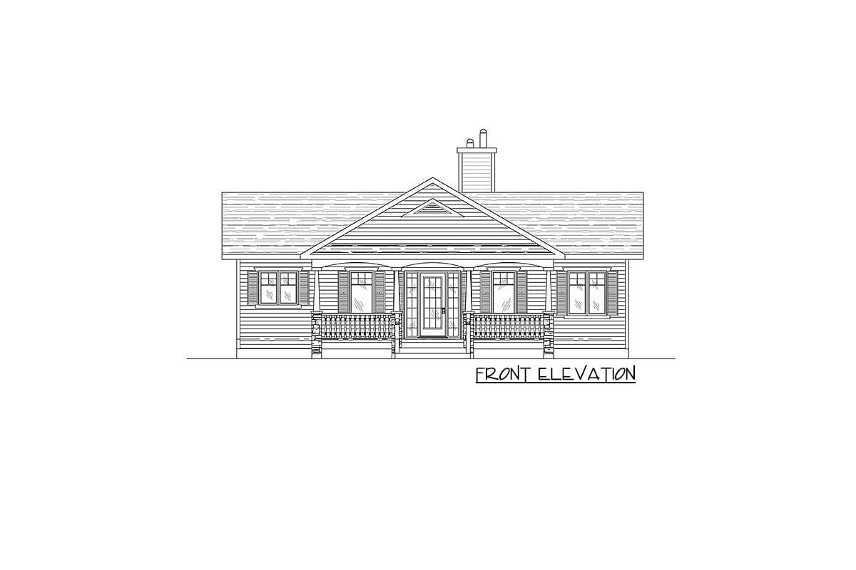 Front elevation drawing of a one-story house with a prominent gable, covered front porch with railing, and a central chimney.