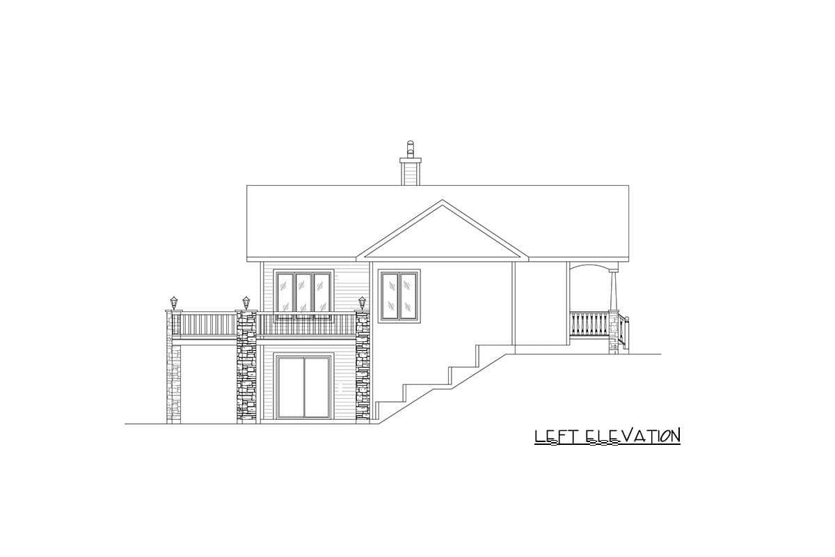 Left elevation drawing of a two-story house plan featuring a balcony with stone accents, gabled roof, and covered porch.