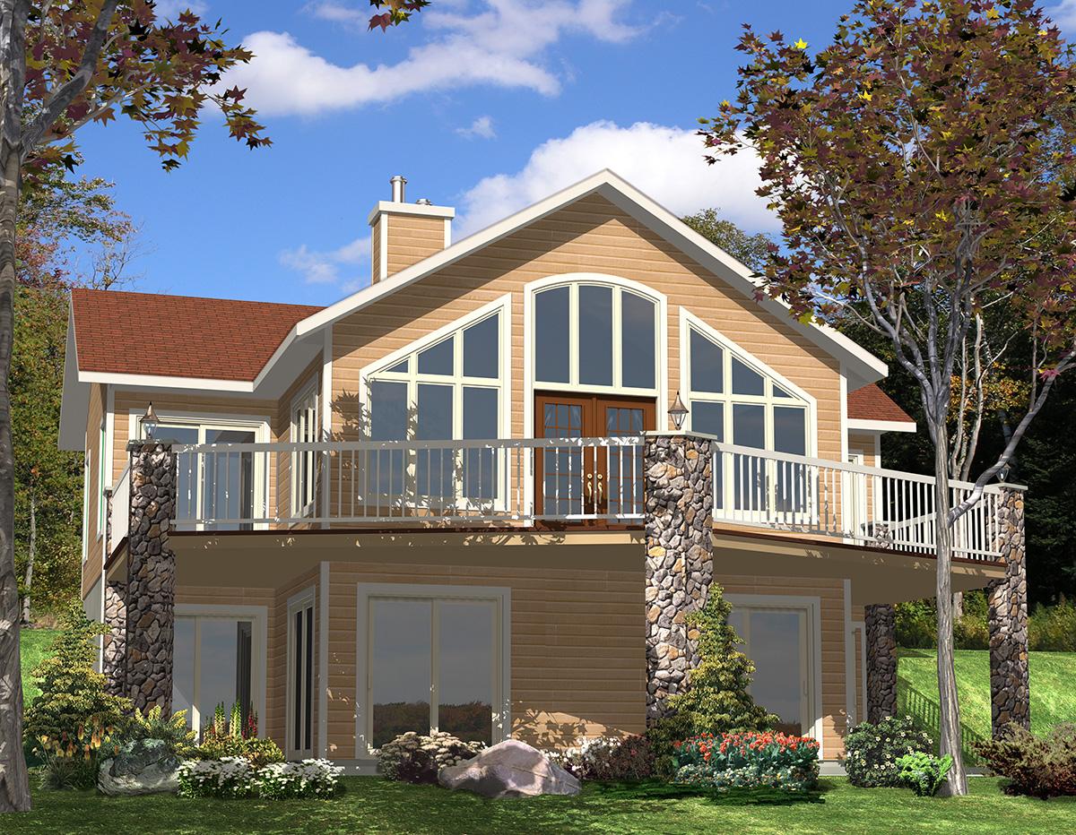 House plan exterior: Two-story home with stone-clad columns supporting a wrap-around deck, large gables, and prominent arched and triangular windows.