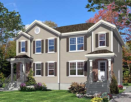 Two-story house plan exterior with two entrances, porches, gables, and multiple windows with shutters.