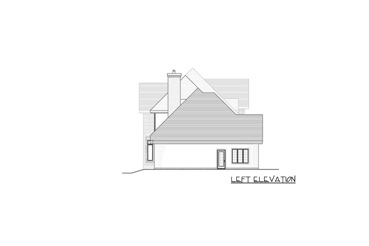 Left elevation house plan showing a gable roof, chimney, and rectangular windows.