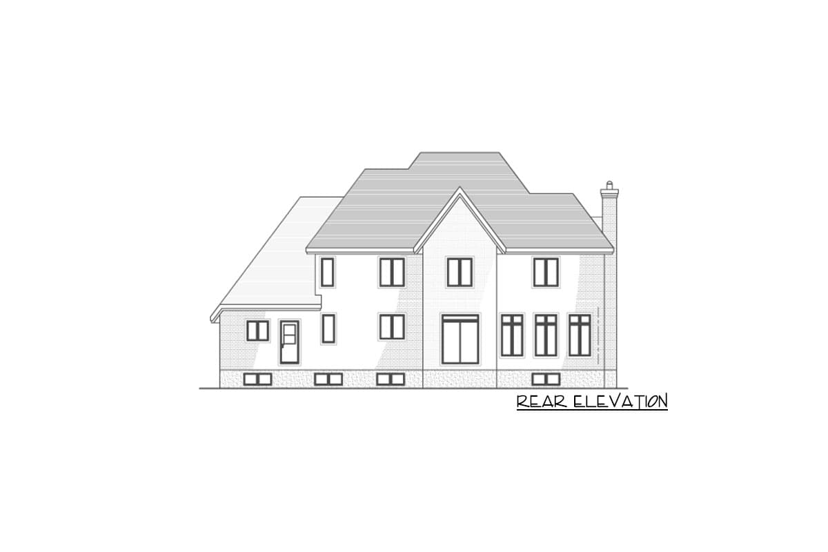 Rear elevation house plan. Two-story home with multiple gables, diverse window arrangements, and a prominent chimney.