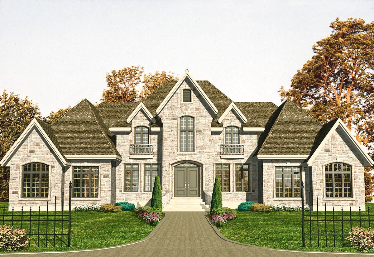 House plan exterior: two-story stone home with prominent gables, arched windows, double entry doors, and decorative balconies.