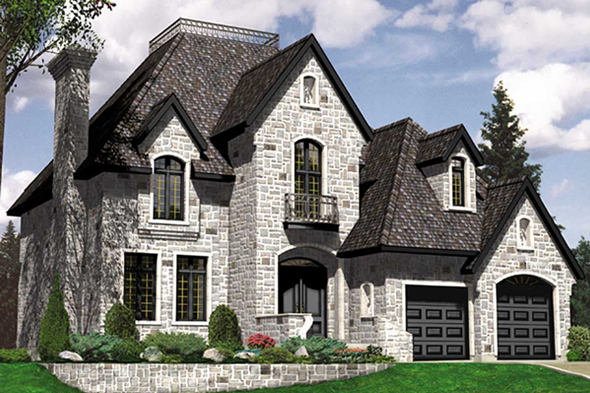 House plan exterior with stone facade, multiple gables, dormers, a prominent chimney, and a three-car garage.